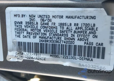 2006 Toyota Corolla Le from USA, damaged, VIN 1NXBR30E96Z742020